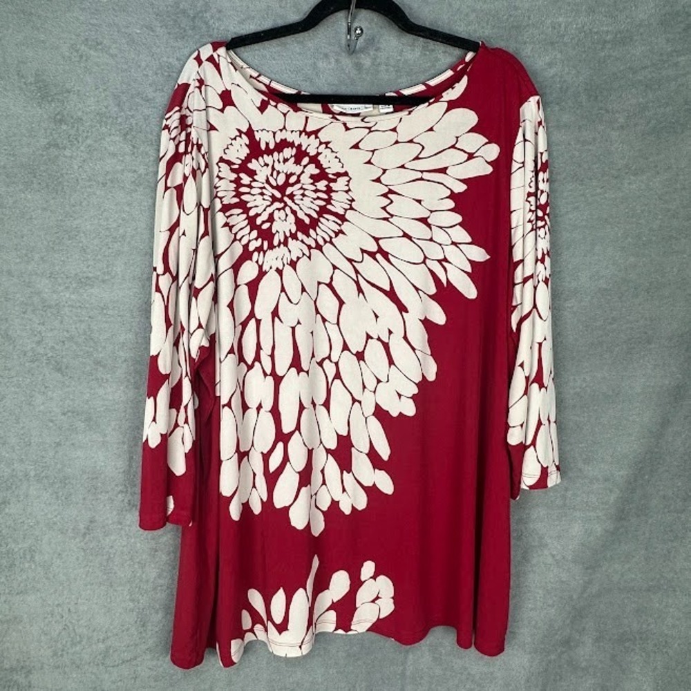 Susan Graver Top Womens 3X Red Floral 3/4 Length Sleeve Stretch Comfort Career
